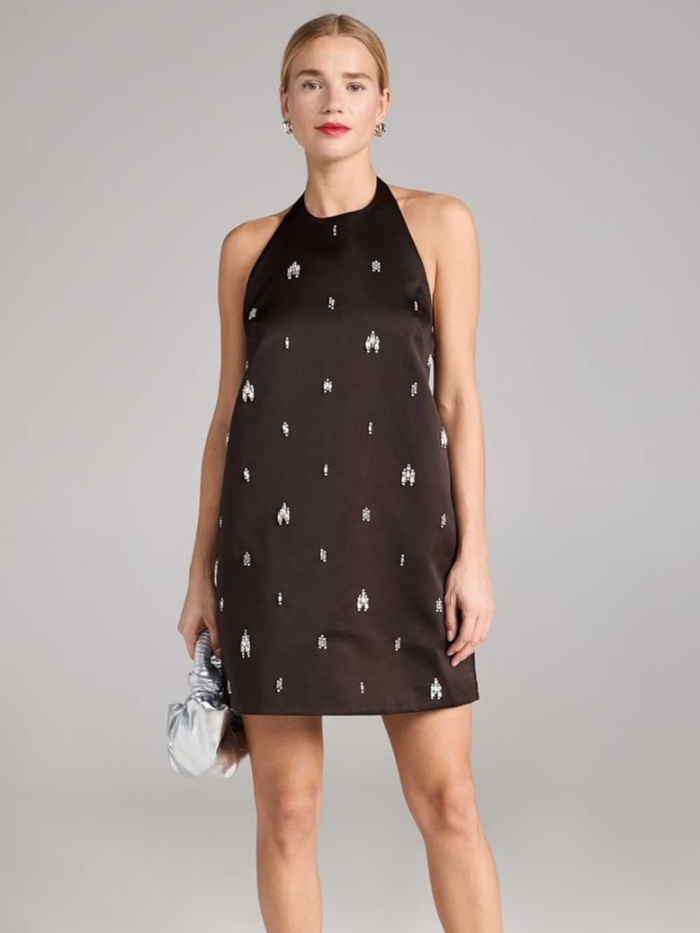 A.L.C. Sophia Dress NWT Crystal Embellished Satin Halter Dress in Ganache